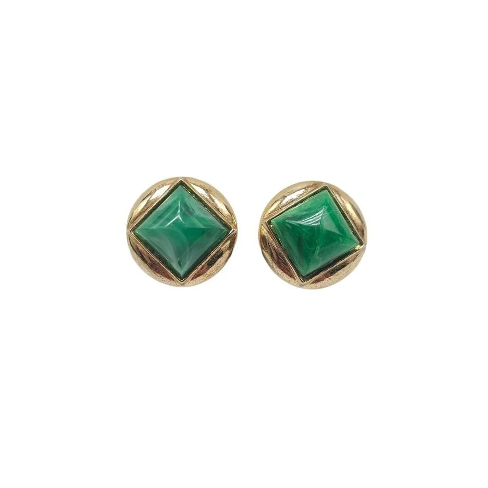 Trifari Green Lucite Geometric Earrings Clip on Closure Gold Tone Vintage